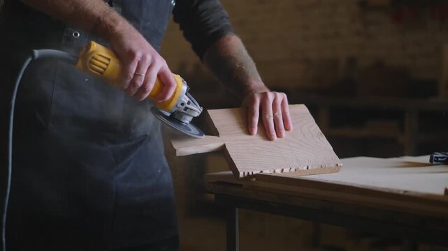 Craftsman sanding wooden board with handheld power sander as fine wood dust rises inside woodworking workshop while smoothing timber surface during carpentry