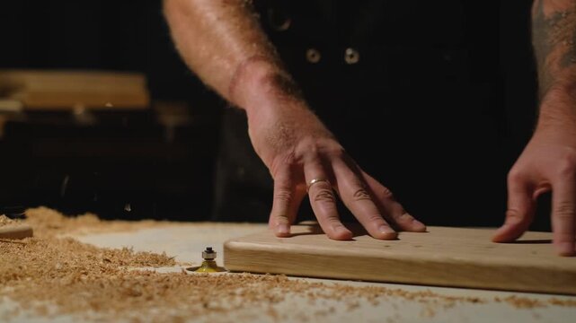 Slow motion of craftsman guiding wooden board over router bit, shaping timber edge as wood shavings scatter across workbench during woodworking process