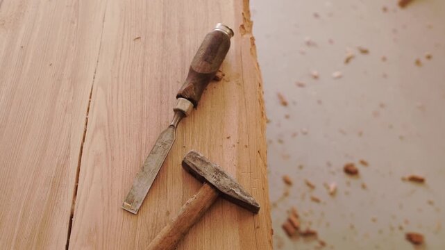 Close up of chisel and hammer resting on wooden workbench with wood shavings after carving and chiseling during woodworking process in workshop