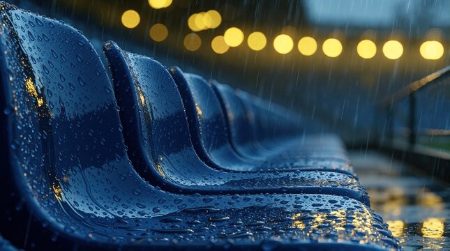 Empty blue plastic stadium seats outdoors during heavy rain. Water drops cover chairs at sports arena. Wet bleacher rows under evening lights. Stormy weather cancels professional football game event.