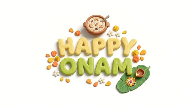 Happy Onam greeting card design with traditional clay pot payasam and banana leaf decoration.