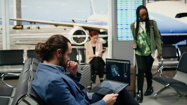 Businessman interacts with AI neural networks on a laptop in an airport terminal, using deep learning for data recognition and analytics during global business travel near the runway before departure.