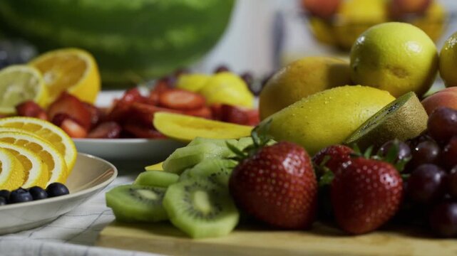 Slow, smooth movement across delicious, fresh fruit on kitchen counter - closeup