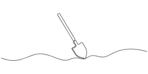 shovel continuous one line drawing, Minimalist one continuous line art drawing of a shovel digging into the earth for gardening or construction. Hand drawn spade tool in soil with grass © design hil