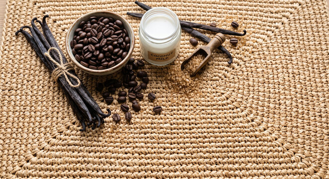 Top down flat lay of Madagascar Vanilla Latte ingredients on raffia mat