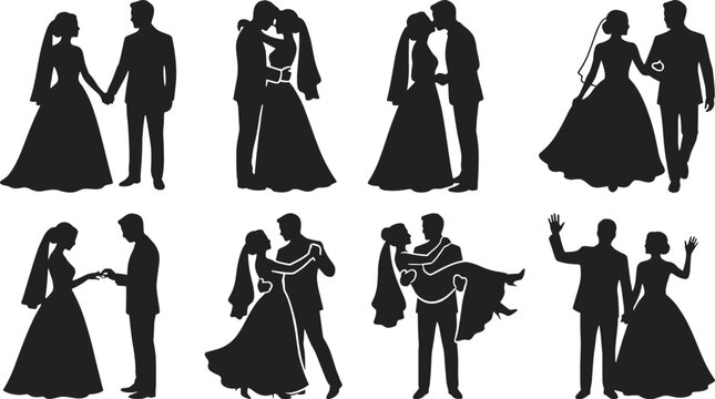 Romantic wedding couples icon set featuring bride and groom silhouette in various poses