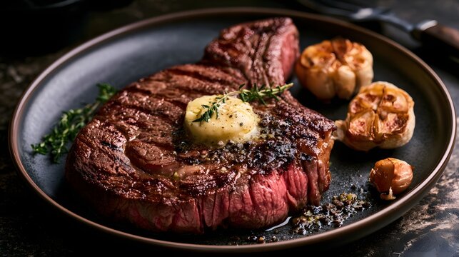 juicy grilled ribeye steak with melting butter, thyme and roasted garlic, elegant dark plate, shallow depth of field, premium steakhouse presentation, ultra realistic food photography