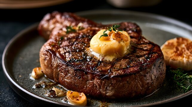 juicy grilled ribeye steak with melting butter, thyme and roasted garlic, elegant dark plate, shallow depth of field, premium steakhouse presentation, ultra realistic food photography