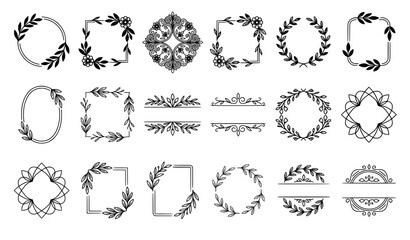 Fototapeta premium Colorful Floral Line Frame Vector Set with Leaf Borders Circular Rectangle Dividers and Botanical Decorative Icons