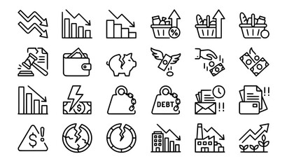 Fototapeta premium Economic Crisis Finance and Money Outline Vector Icon Set with Recession Inflation Debt and Financial Loss Symbols