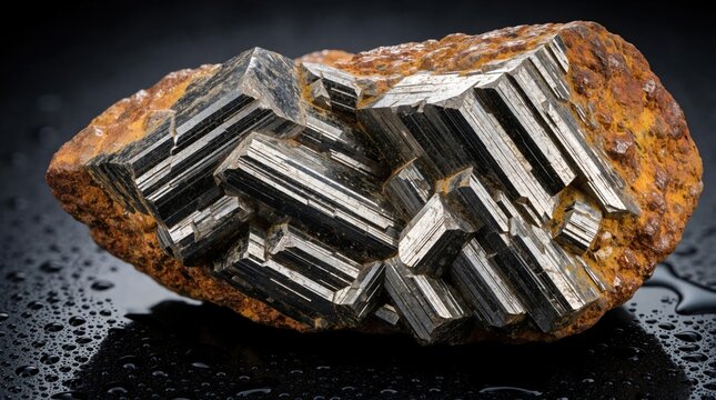 Close-up macro view of cassiterite tin ore mineral cluster with metallic luster and dark striated prismatic crystals on rusty matrix. Raw geological specimen.
