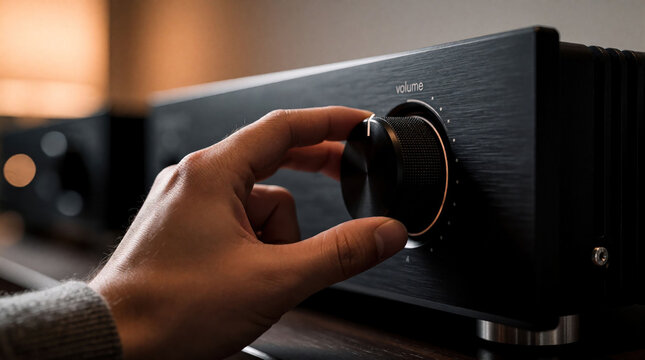 Person turns volume knob on black hi-fi audio amplifier. User adjusts sound level on stereo receiver. Enjoy music with high fidelity equipment. Close up detail shot.