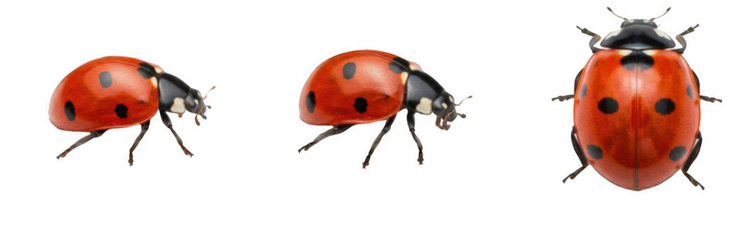 Red ladybug and ladybird beetles with black spots isolated on white background, cute insect and garden wildlife PNG graphic