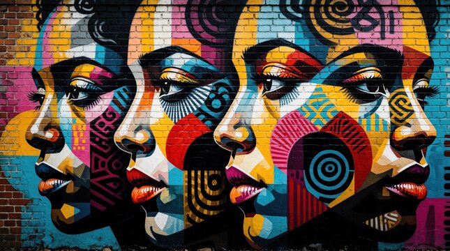 Vibrant mural art on brick wall features trio of colorful side profile faces. Abstract geometric patterns cover human skin with bright red blue yellow shapes. Urban street design represents cultural