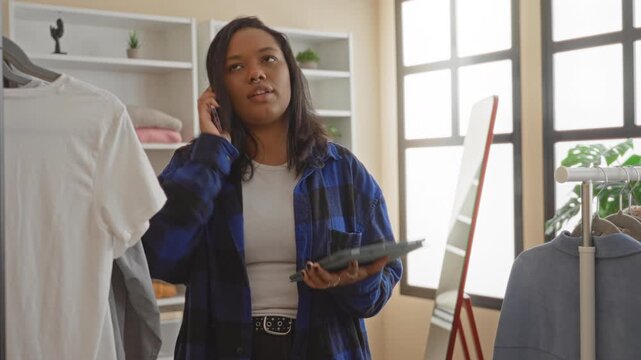 Young african american woman holds phone to ear and tablet in hand among racks of clothes inside a shop building; focused retail work.