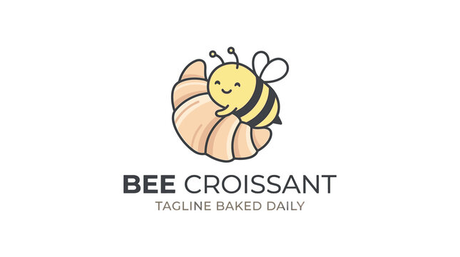 Happy bee character inside a croissant pastry logo