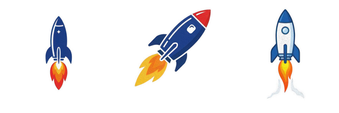 Blue and white rocket ship launching icons with fire blast isolated on white background, space flight and startup success PNG graphic