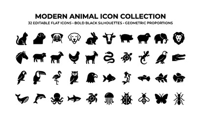Fototapeta premium Flat Animal Icons for Pet Care Veterinary and Education Vector Collection