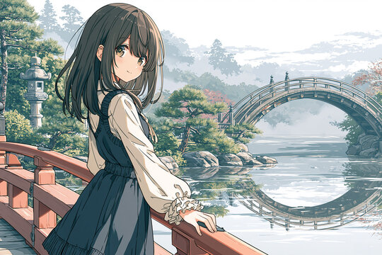Anime style young woman leaning on a vermilion arched bridge railing in a traditional Japanese garden in autumn, 秋の日本庭園 朱色の太鼓橋にたたずむ少女 アニメ風イラスト