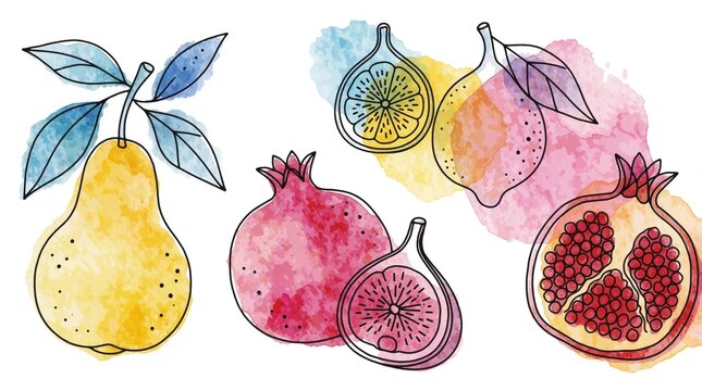 Set of abstract fruit wall art with pomegranate pear fig, lemon. Hand drawn line art sketches on colorful watercolor texture background. Botanical illustration collection for interior design posters