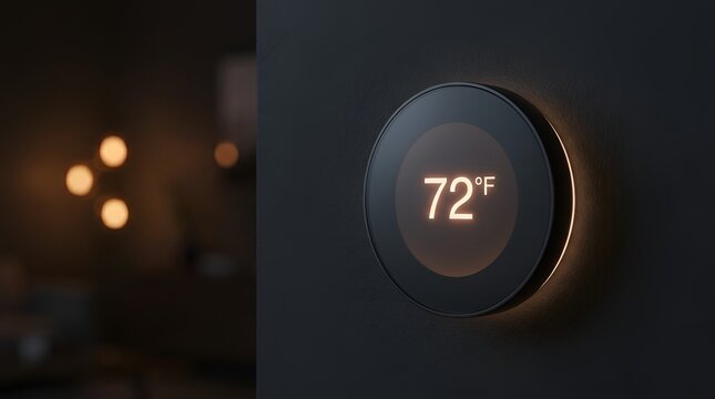 Smart home thermostat mounted on dark wall displaying 72 degrees Fahrenheit with warm ambient glow in modern interior
