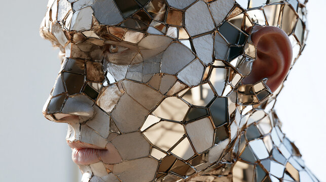 Detailed View of Human Face Covered in Fragmented Mirror Mosaic Featuring Broken Reflections Across the Head Neck and Facial Features