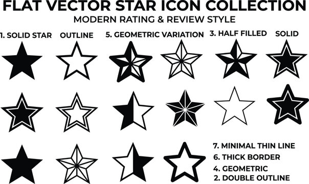 Flat vector star icon collection with rating review favorite and geometric outline symbol design