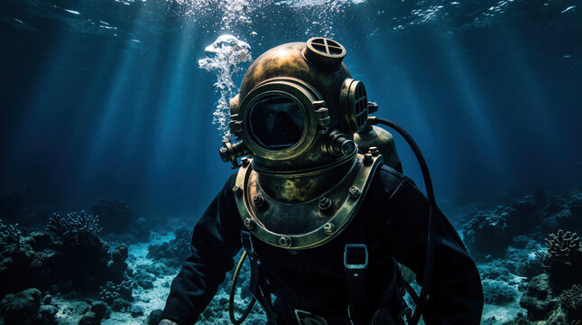 Retro scuba diver explores deep dark blue ocean water wearing antique copper metal helmet. Pro underwater adventurer swims near tropical coral reef seabed. Bubbles rise from old diving gear suit