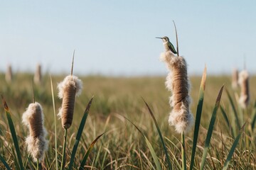 Fototapeta premium Tiny hummingbird sits on fluffy cattail in marshland field with green grass. Bird rests on plant seed head under clear blue sky during sunny day.