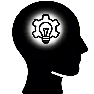 Black Silhouette Vector Icon of Human Head with Glowing Internal Gear Cog Logic Process Symbol Isolated on White Background