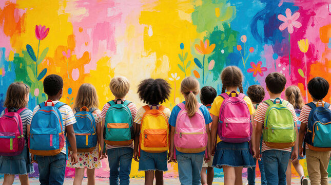Diverse group of young students with colorful backpacks standing before bright painted wall. Many children look at vibrant floral mural art on school playground. Kids wait together for morning