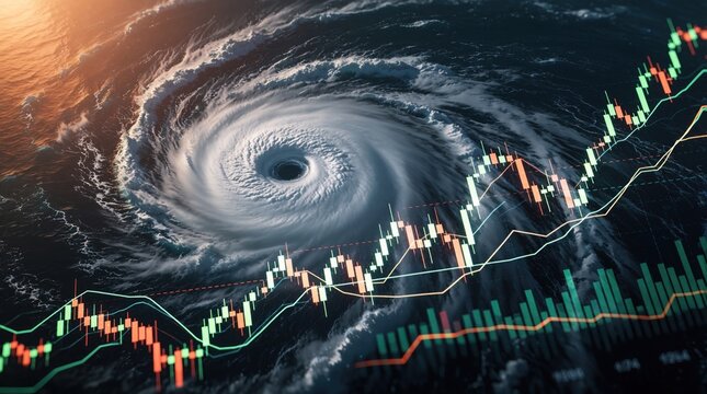 Powerful hurricane spins above dark ocean surface. Financial trading charts overlay intense storm cyclone view. Stock market volatility indicators show economic instability during climate disaster