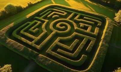 Naklejka premium Drone shot of a meticulously sculpted green hedge maze, a topiary labyrinth in a sun-drenched park.