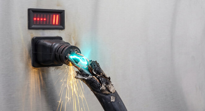 Danger of electric short circuit causes fire and sparks at the electrical meter.