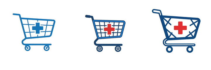 Medical shopping cart icons with red and blue cross symbols isolated on white background, healthcare and pharmacy e-commerce PNG graphic © eagle