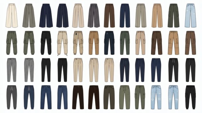 Forty Unique Fashion Trousers Flat Vector Grid Ten Columns Four Rows Isolated

