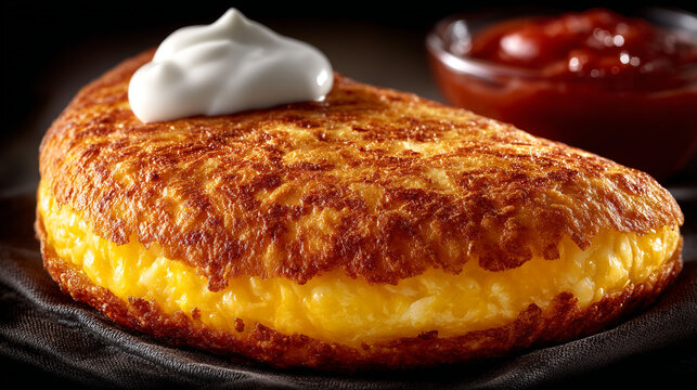 Golden brown fried potato pancake topped with sour cream served with dipping sauce