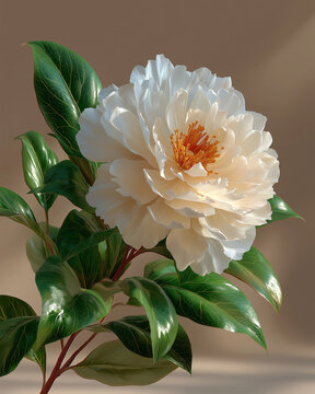 Elegant White Camellia Bloom: A single, exquisitely detailed white camellia flower unfurls its delicate petals, showcasing its vibrant orange stamen amidst glossy green leaves. The soft.