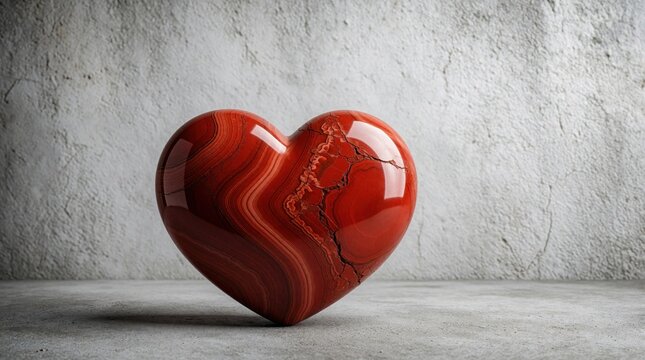 Smooth red jasper heart shaped gemstone rests on grey concrete surface. Shiny polished mineral crystal with unique natural patterns provides spiritual energy. Minimalist decor object represents love,