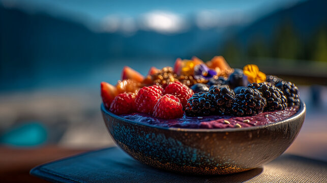 Acai bowl topped with fresh raspberries blueberries strawberries and granola outdoors