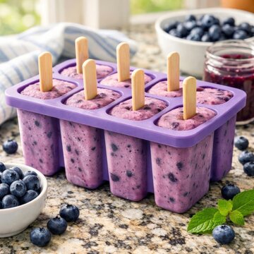 Homemade blueberry popsicles in a tray ready for enjoyment on countertop