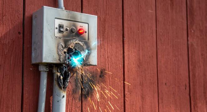 Outdoor electrical disconnect switch box burning with intense blue arc and sparks fire.