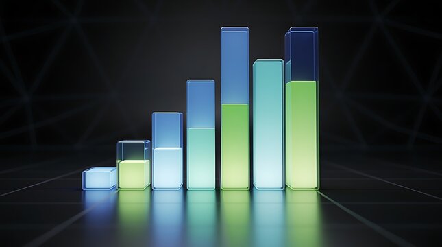 A bar chart made of glowing translucent rectangular blocks rises against a dark background.