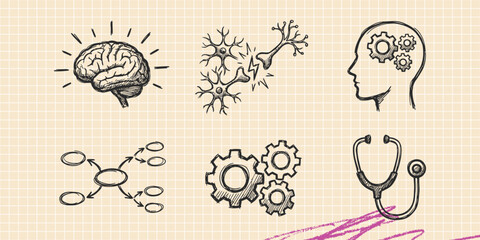Obraz premium Hand drawn vintage black ink scribble doodle vector set of brain mind ideas and puzzle icons for creative graphic design
