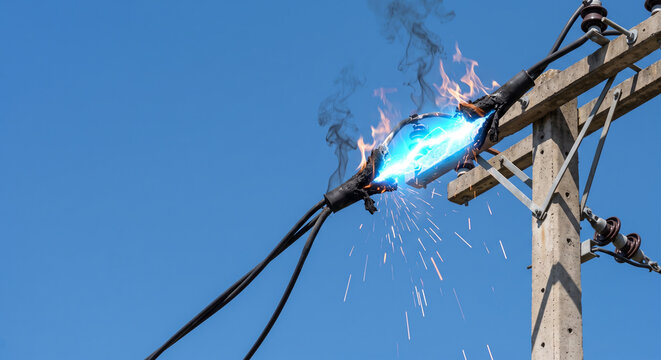 Power line cables on utility pole sparking with blue electric arc and black smoke plume.