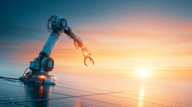 A robotic arm with advanced joints and cables extends over a futuristic solar panel field under a vibrant sunset sky.