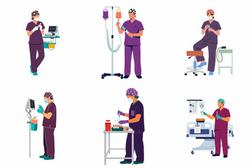 Fototapeta premium Set of Medical Professional Vector Illustrations Showing Anesthesiologists and Nurses in Purple Scrubs Preparing for Surgery and Managing Hospital Equipment