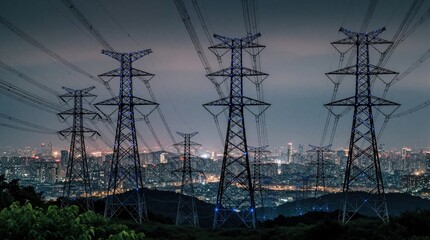 High voltage pylons stand tall over city lights at night. Power lines stretch across dark sky connecting urban infrastructure. Energy transmission towers form dramatic silhouette on horizon,