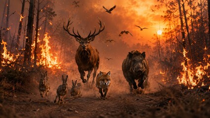 Fototapeta premium Wild Animals Fleeing a Raging Forest Fire