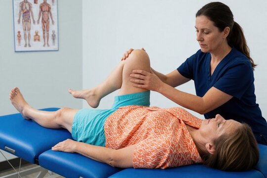 Physical therapist helps patient with knee flexion exercise on table. Woman gets physiotherapy treatment for leg injury recovery. Doctor assists joint movement in clinic.